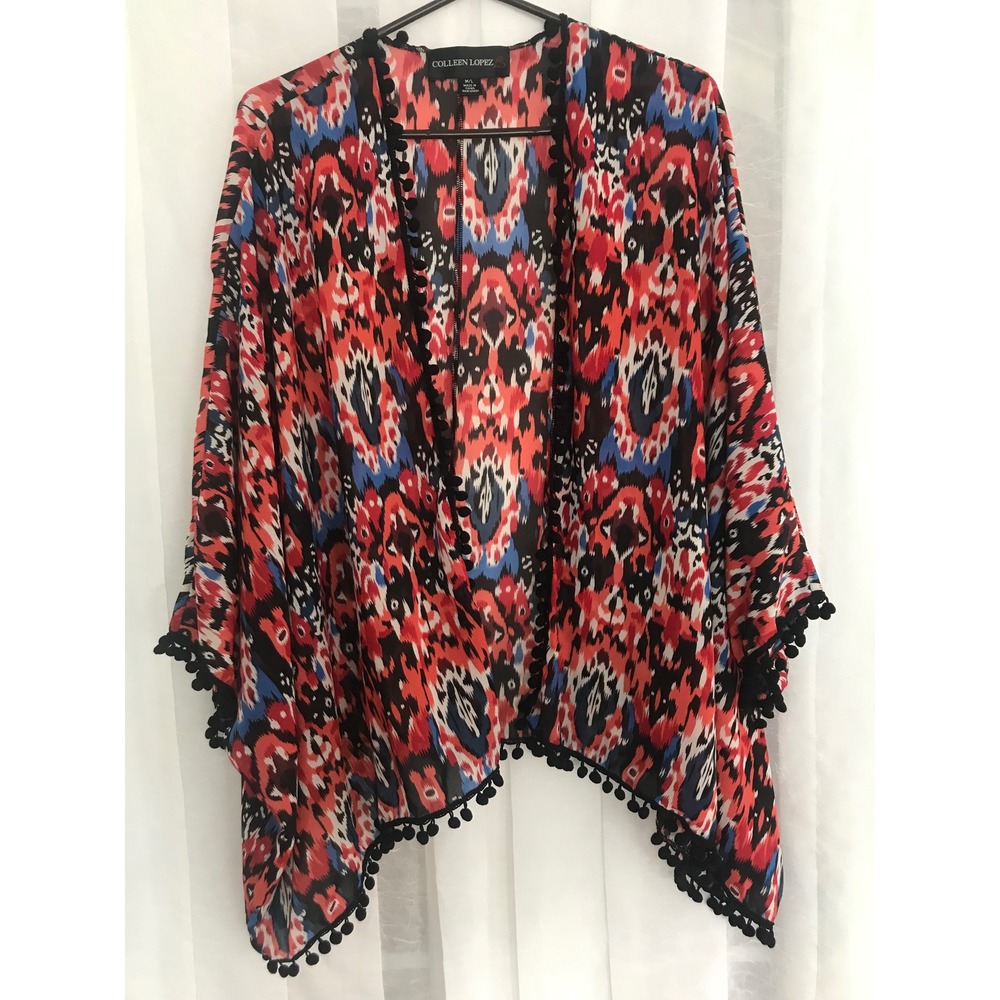 Colleen Lopez Red Ikat Tribal Pom-Pom Trim Kimono Wrap Coverup Womens M/L